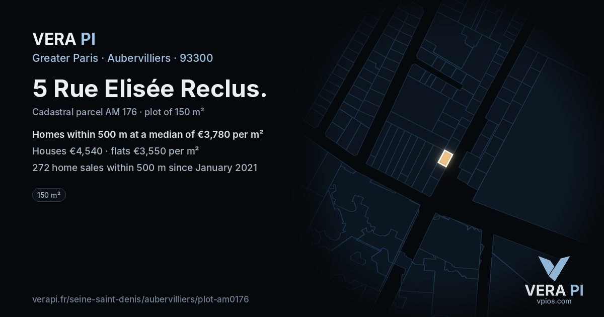 5 Rue Elisée Reclus, Aubervilliers at night – the plot lit, the parcels around coloured by the prices near them