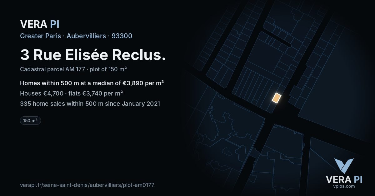 3 Rue Elisée Reclus, Aubervilliers at night – the plot lit, the parcels around coloured by the prices near them
