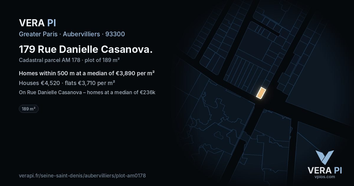 179 Rue Danielle Casanova, Aubervilliers at night – the plot lit, the parcels around coloured by the prices near them