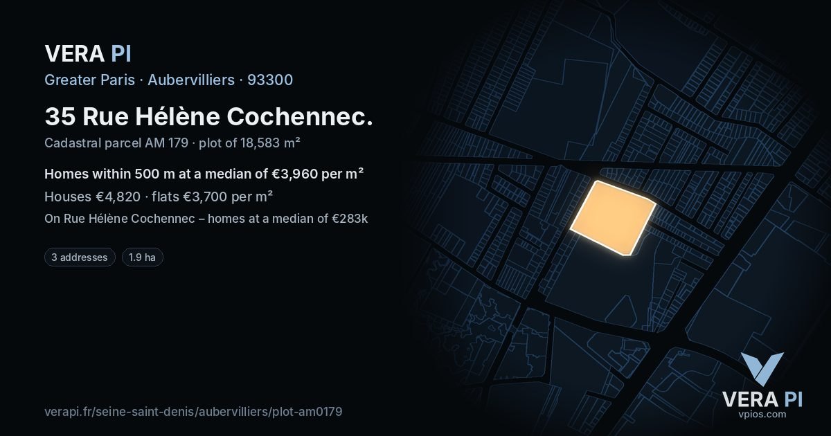 35 Rue Hélène Cochennec, Aubervilliers at night – the plot lit, the parcels around coloured by the prices near them