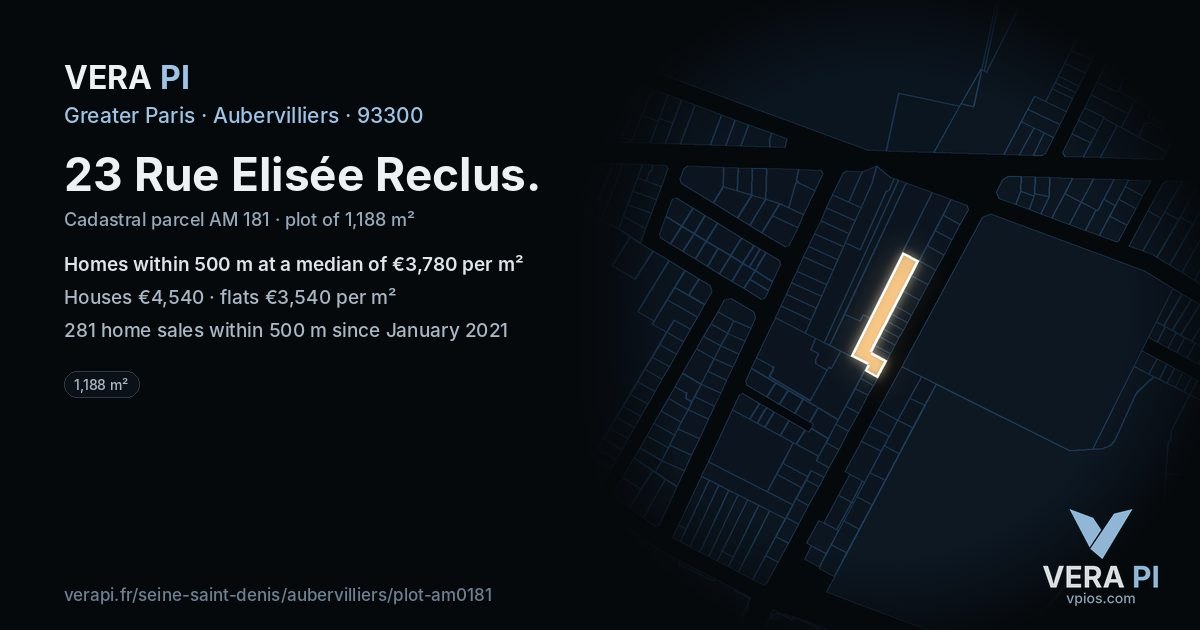 23 Rue Elisée Reclus, Aubervilliers at night – the plot lit, the parcels around coloured by the prices near them