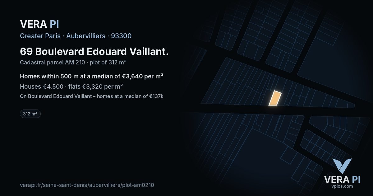 69 Boulevard Edouard Vaillant, Aubervilliers at night – the plot lit, the parcels around coloured by the prices near them