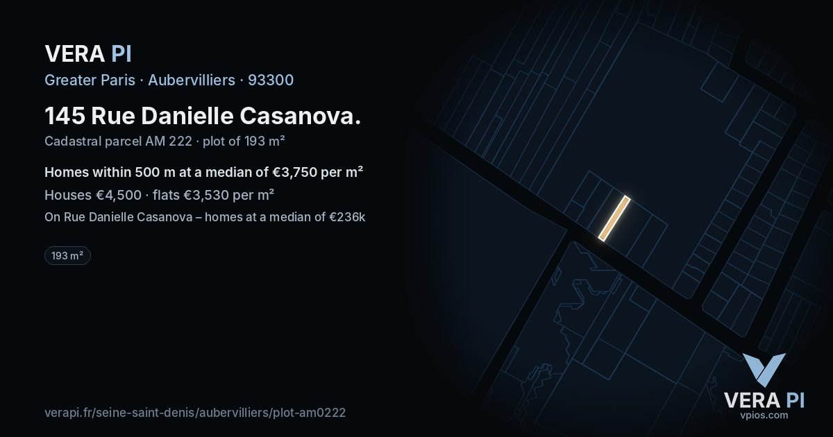 145 Rue Danielle Casanova, Aubervilliers at night – the plot lit, the parcels around coloured by the prices near them