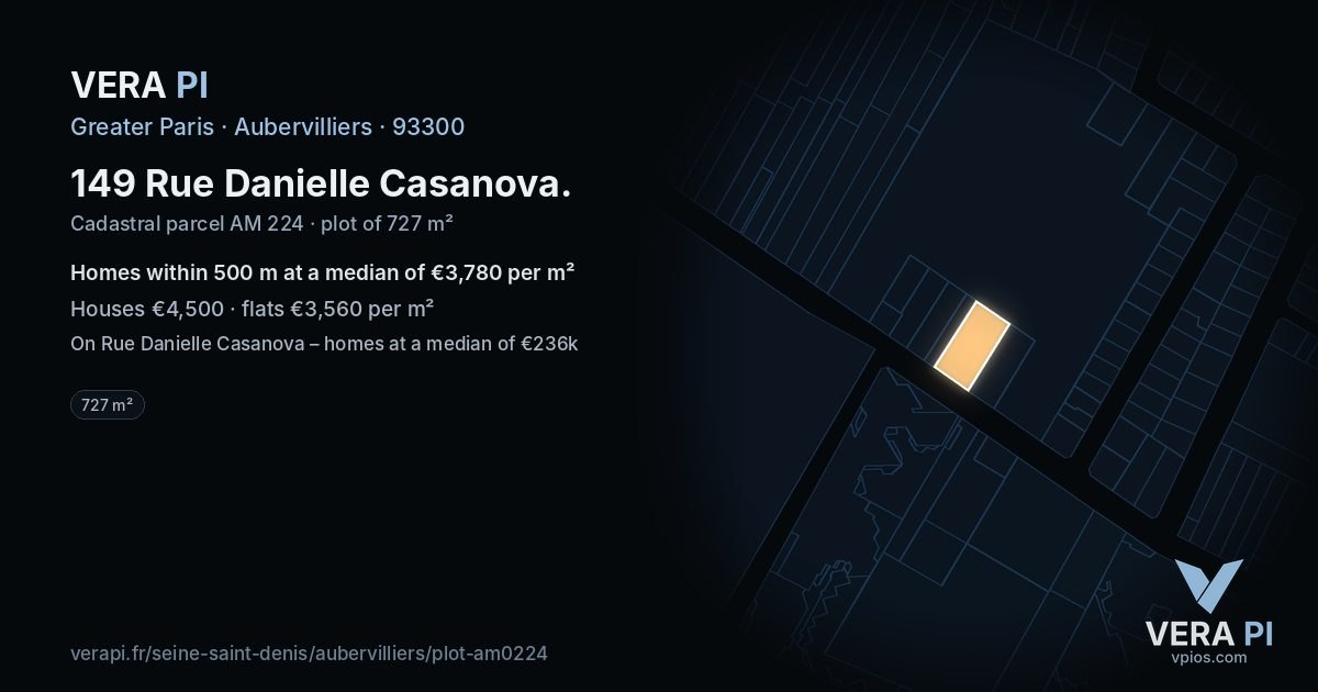 149 Rue Danielle Casanova, Aubervilliers at night – the plot lit, the parcels around coloured by the prices near them
