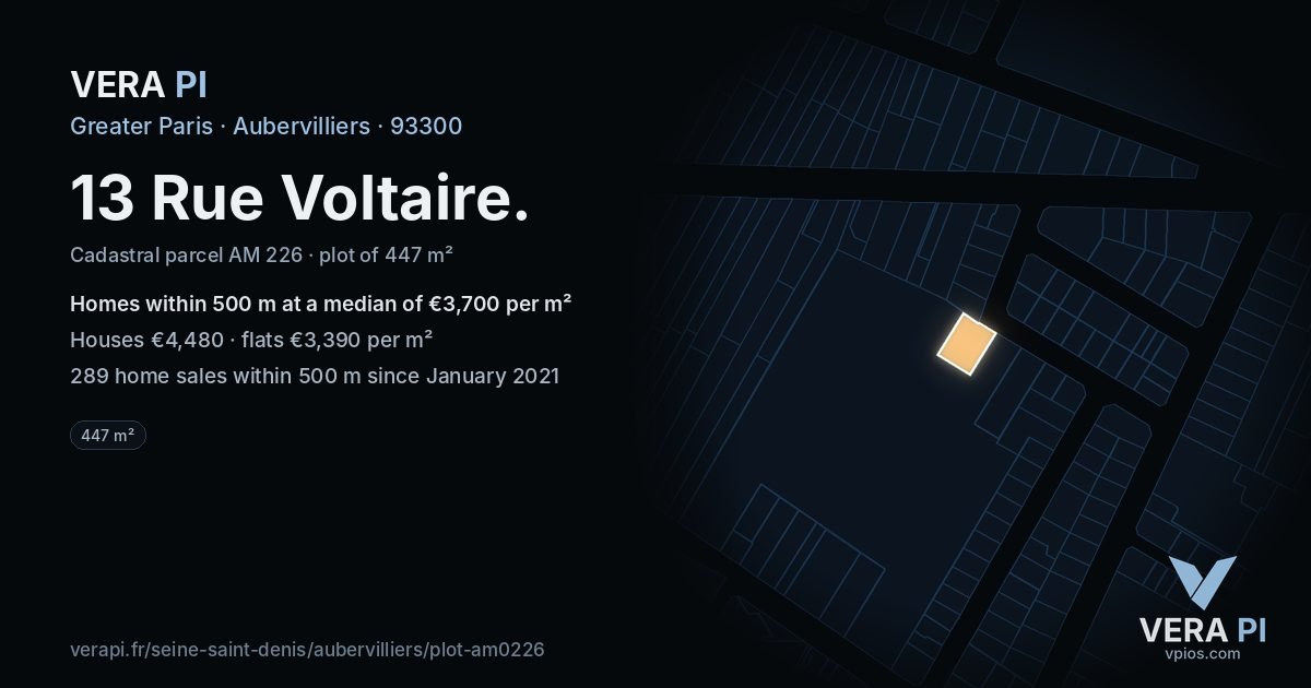 13 Rue Voltaire, Aubervilliers at night – the plot lit, the parcels around coloured by the prices near them