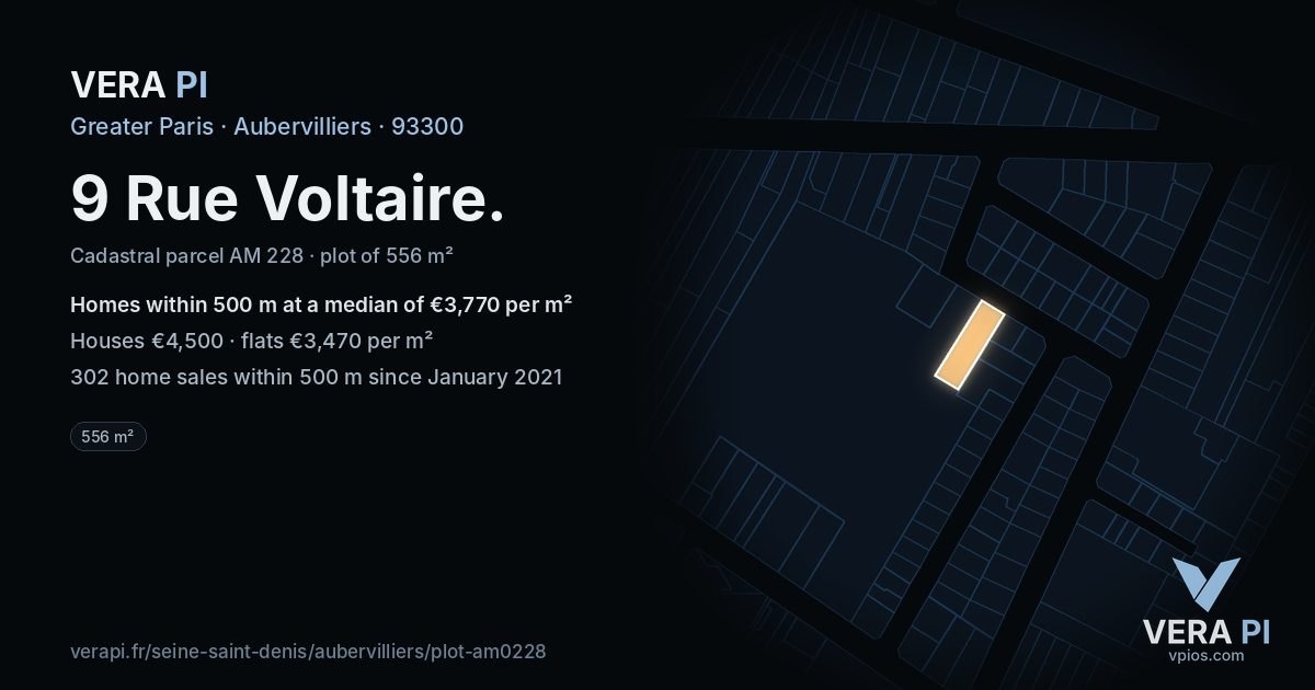 9 Rue Voltaire, Aubervilliers at night – the plot lit, the parcels around coloured by the prices near them
