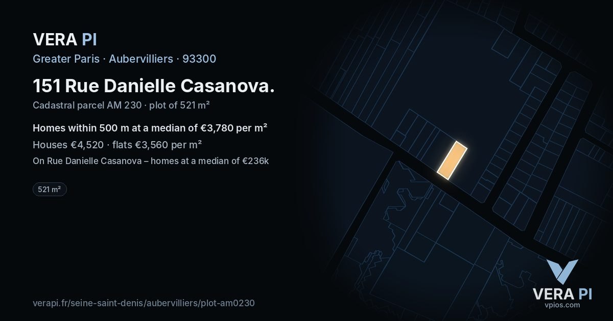 151 Rue Danielle Casanova, Aubervilliers at night – the plot lit, the parcels around coloured by the prices near them