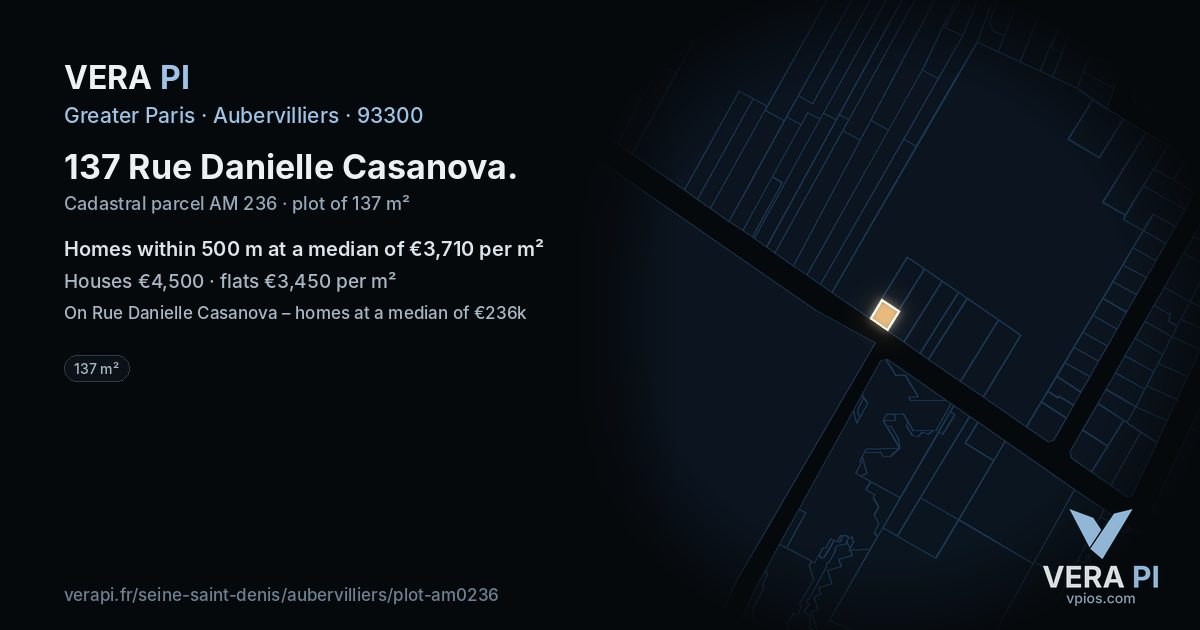 137 Rue Danielle Casanova, Aubervilliers at night – the plot lit, the parcels around coloured by the prices near them