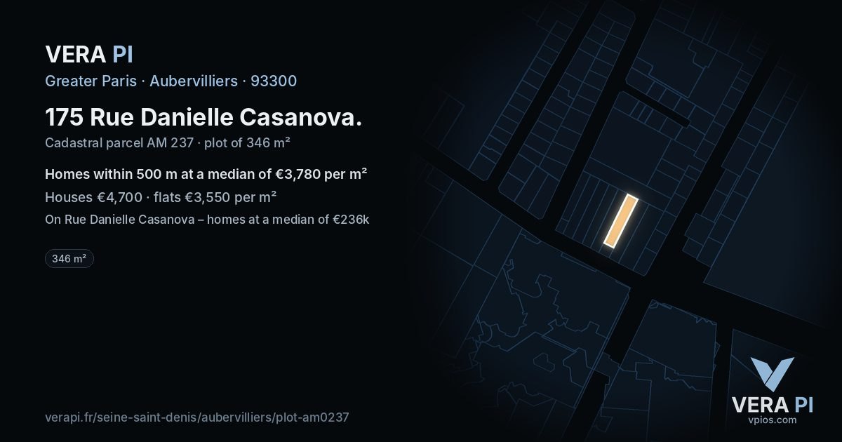 175 Rue Danielle Casanova, Aubervilliers at night – the plot lit, the parcels around coloured by the prices near them