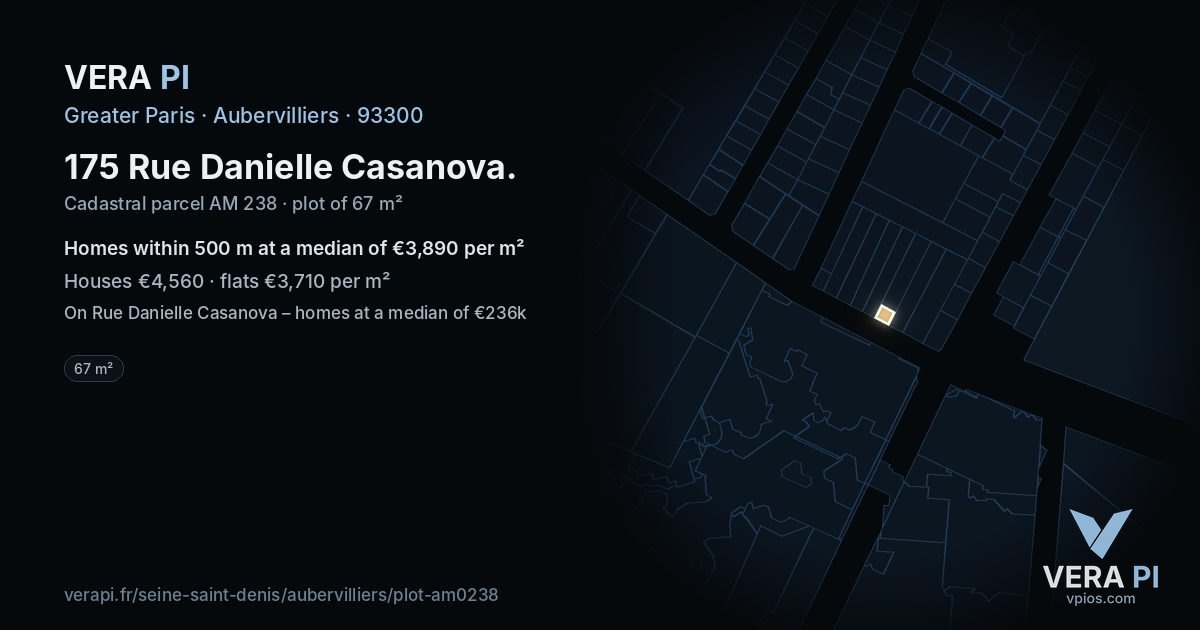 175 Rue Danielle Casanova, Aubervilliers at night – the plot lit, the parcels around coloured by the prices near them