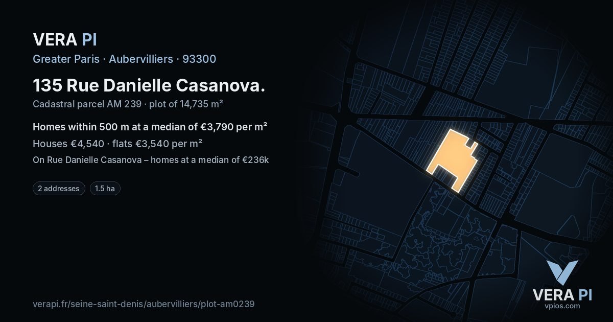 135 Rue Danielle Casanova, Aubervilliers at night – the plot lit, the parcels around coloured by the prices near them
