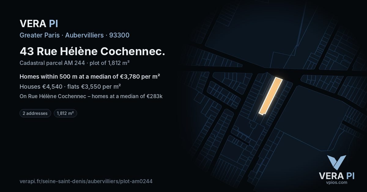 43 Rue Hélène Cochennec, Aubervilliers at night – the plot lit, the parcels around coloured by the prices near them