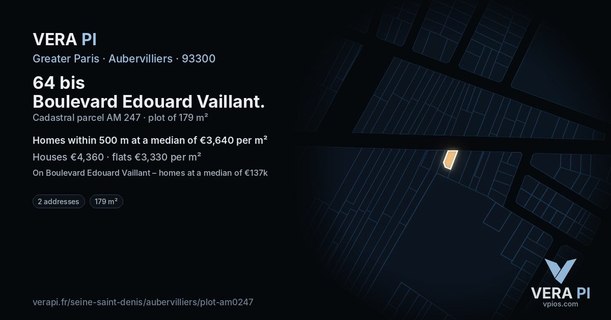 64 bis Boulevard Edouard Vaillant, Aubervilliers at night – the plot lit, the parcels around coloured by the prices near them