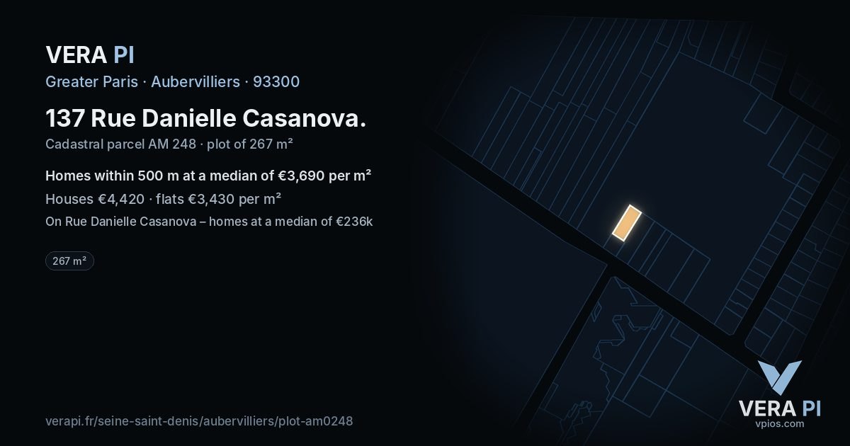 137 Rue Danielle Casanova, Aubervilliers at night – the plot lit, the parcels around coloured by the prices near them