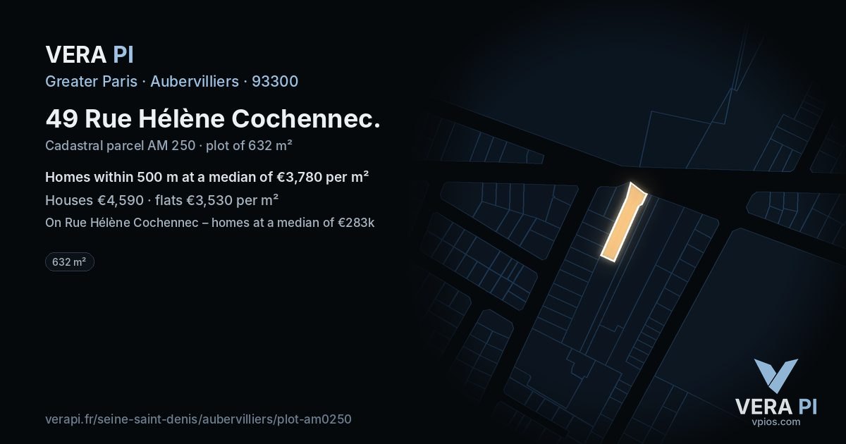 49 Rue Hélène Cochennec, Aubervilliers at night – the plot lit, the parcels around coloured by the prices near them