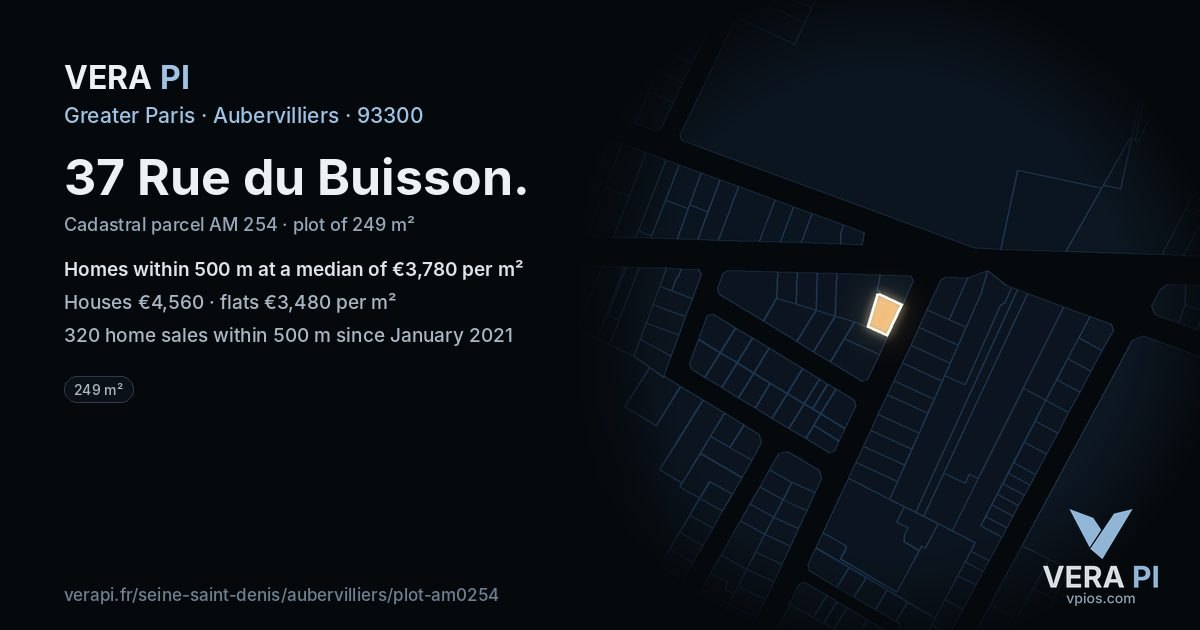 37 Rue du Buisson, Aubervilliers at night – the plot lit, the parcels around coloured by the prices near them