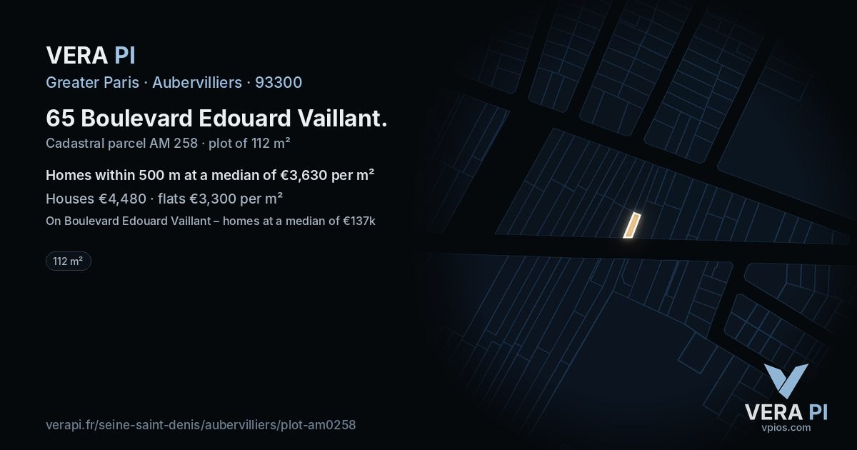 65 Boulevard Edouard Vaillant, Aubervilliers at night – the plot lit, the parcels around coloured by the prices near them