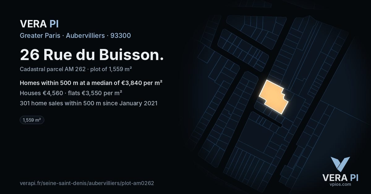 26 Rue du Buisson, Aubervilliers at night – the plot lit, the parcels around coloured by the prices near them