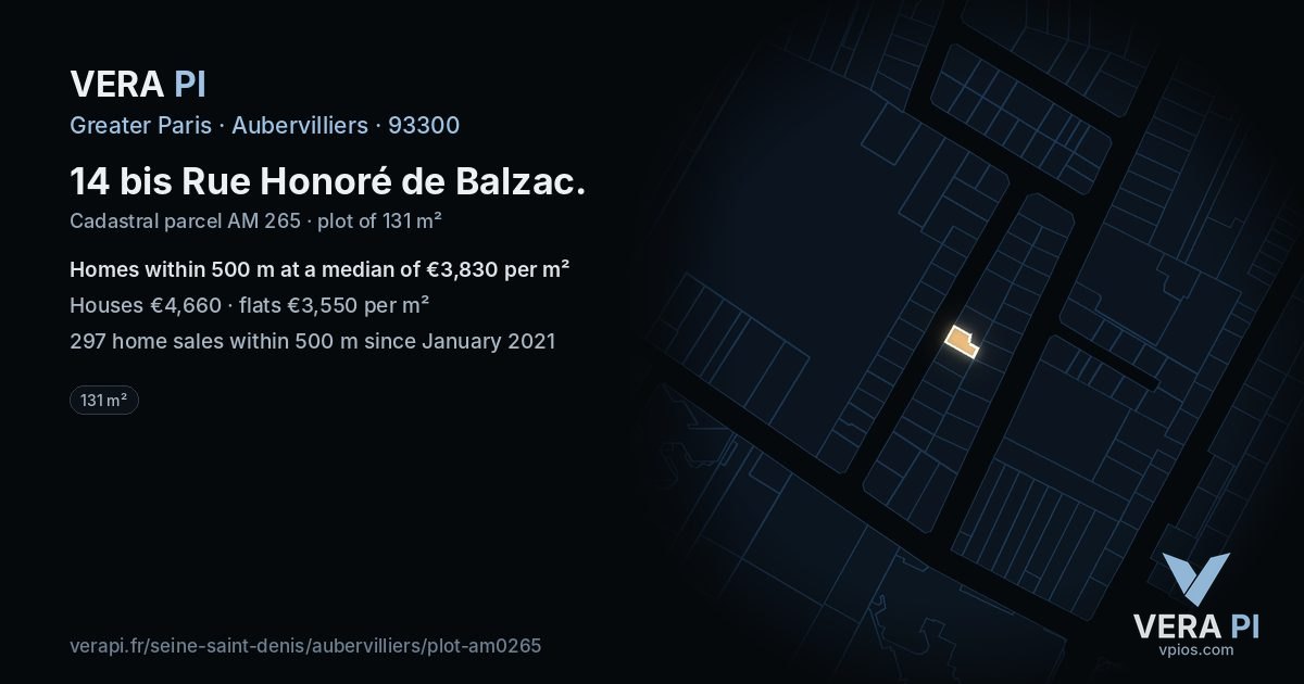 14 bis Rue Honoré de Balzac, Aubervilliers at night – the plot lit, the parcels around coloured by the prices near them