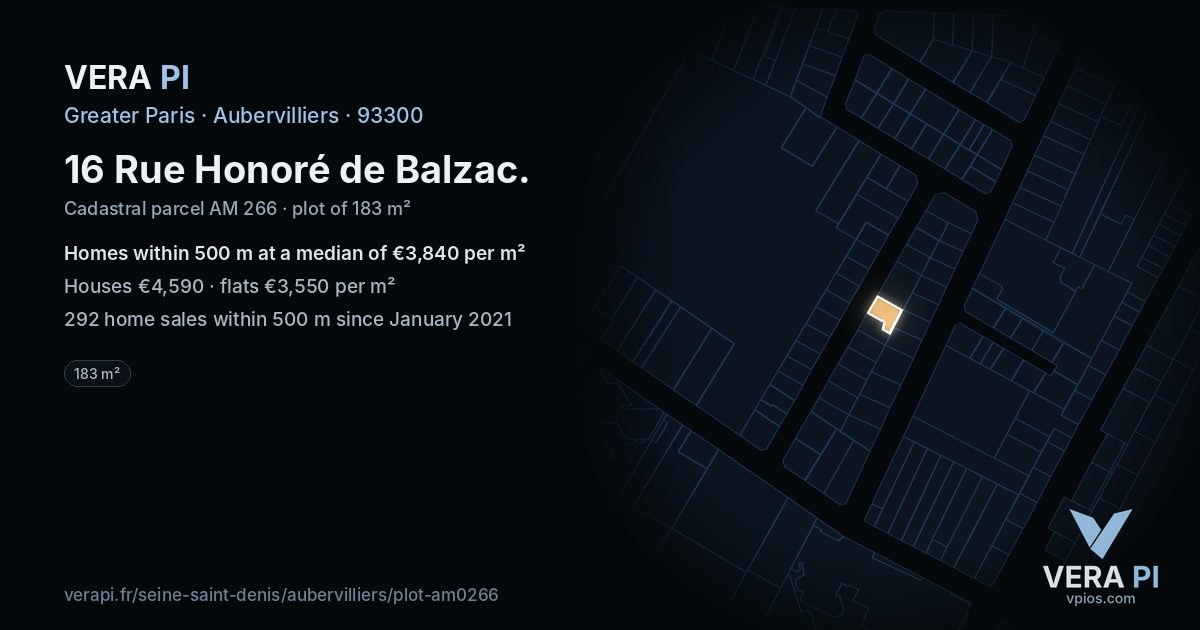 16 Rue Honoré de Balzac, Aubervilliers at night – the plot lit, the parcels around coloured by the prices near them