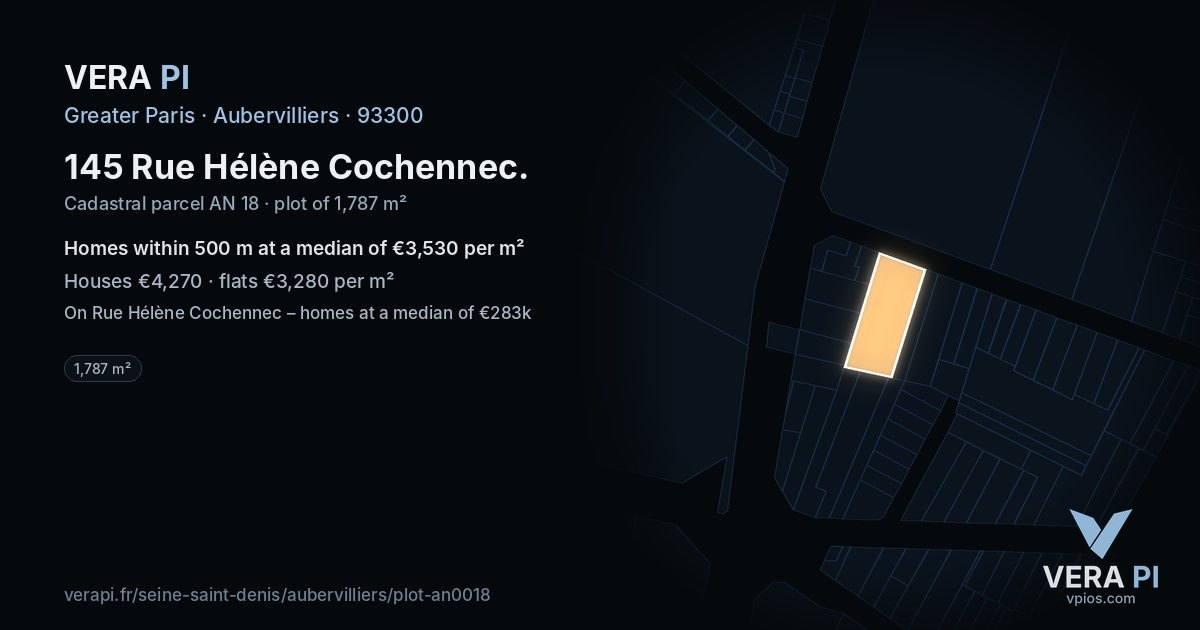 145 Rue Hélène Cochennec, Aubervilliers at night – the plot lit, the parcels around coloured by the prices near them