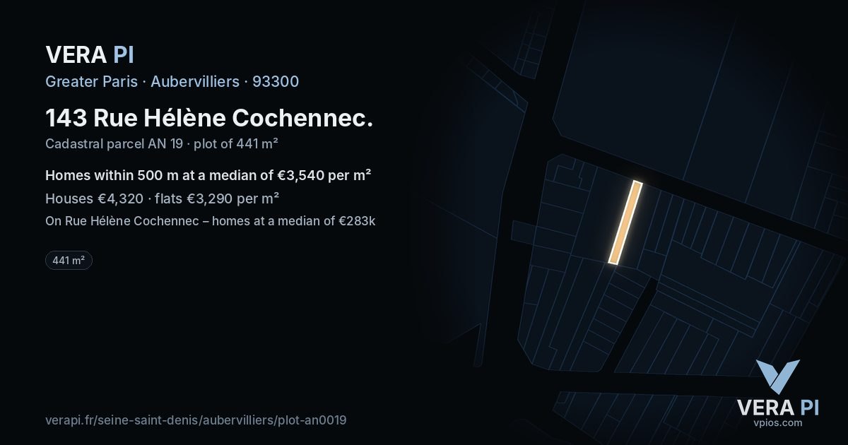 143 Rue Hélène Cochennec, Aubervilliers at night – the plot lit, the parcels around coloured by the prices near them