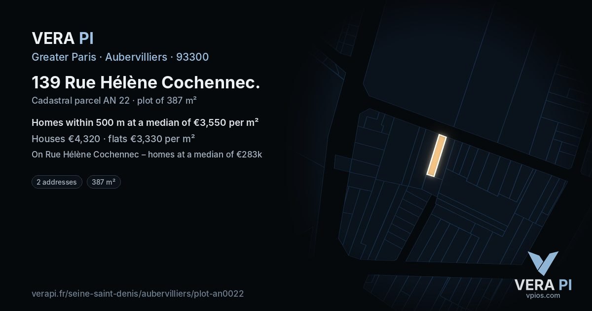139 Rue Hélène Cochennec, Aubervilliers at night – the plot lit, the parcels around coloured by the prices near them