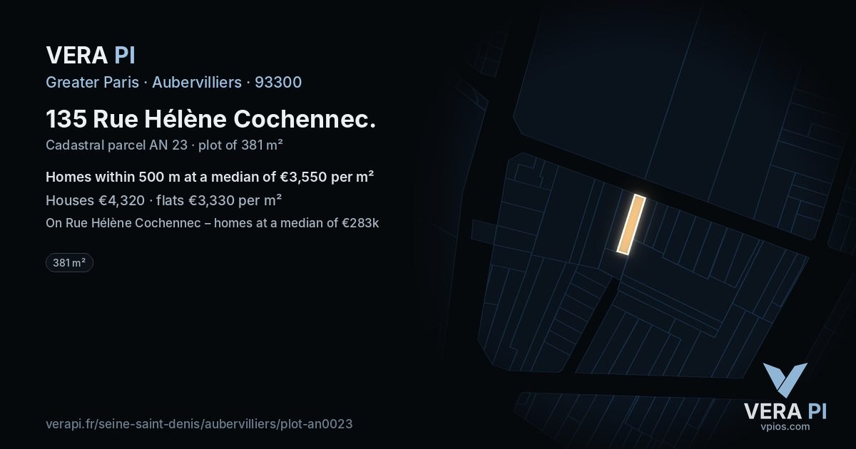 135 Rue Hélène Cochennec, Aubervilliers at night – the plot lit, the parcels around coloured by the prices near them