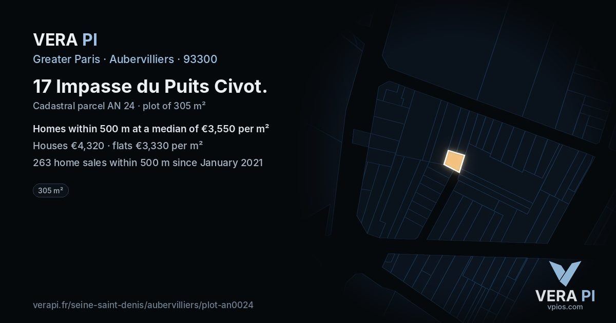 17 Impasse du Puits Civot, Aubervilliers at night – the plot lit, the parcels around coloured by the prices near them