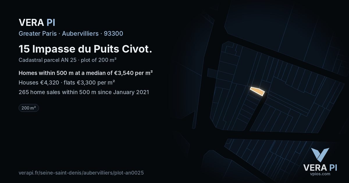 15 Impasse du Puits Civot, Aubervilliers at night – the plot lit, the parcels around coloured by the prices near them