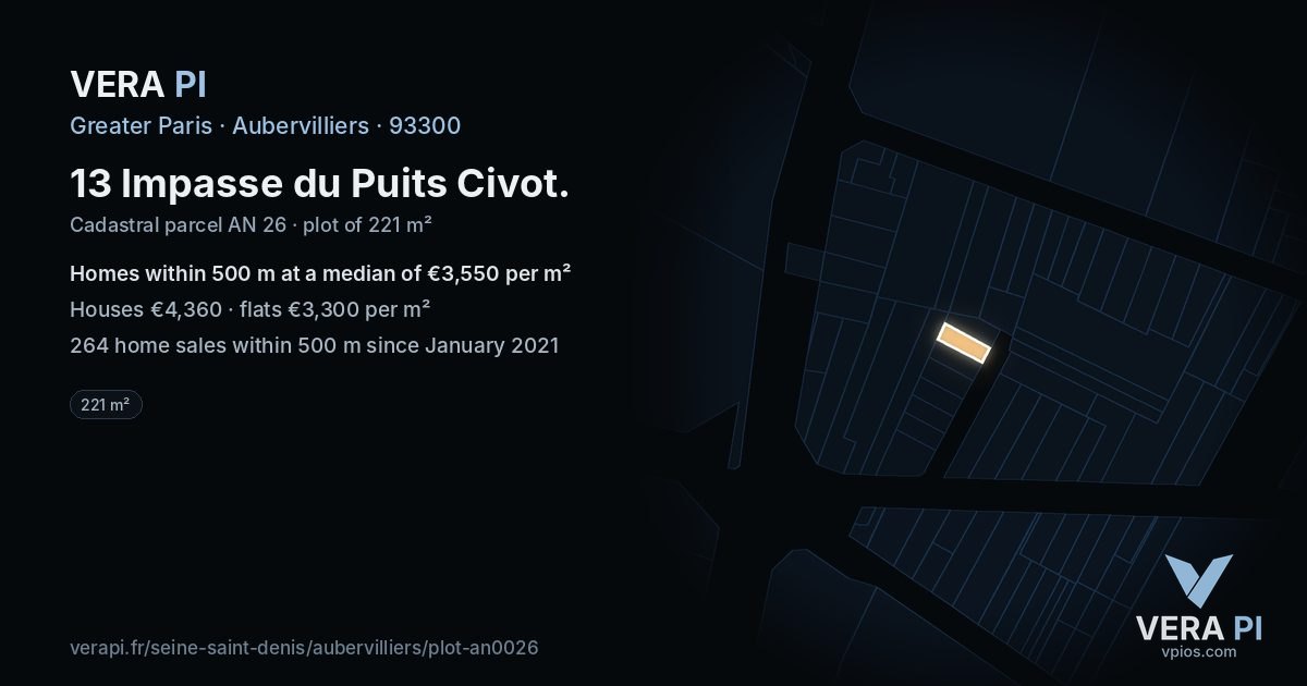 13 Impasse du Puits Civot, Aubervilliers at night – the plot lit, the parcels around coloured by the prices near them