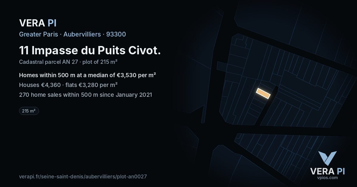 11 Impasse du Puits Civot, Aubervilliers at night – the plot lit, the parcels around coloured by the prices near them
