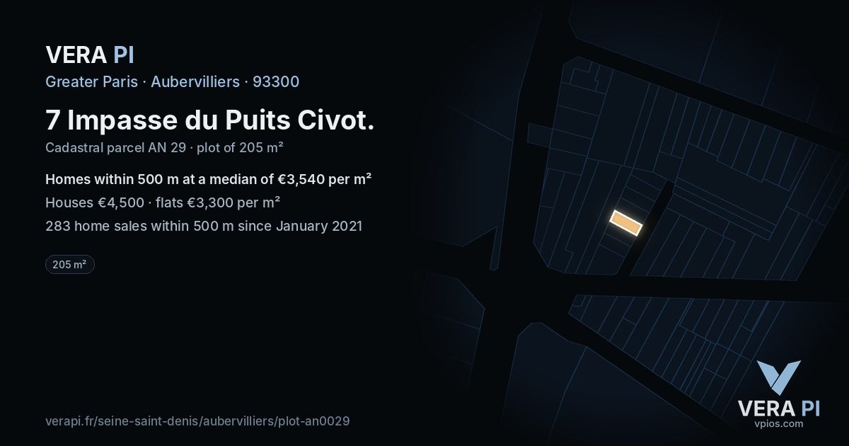 7 Impasse du Puits Civot, Aubervilliers at night – the plot lit, the parcels around coloured by the prices near them