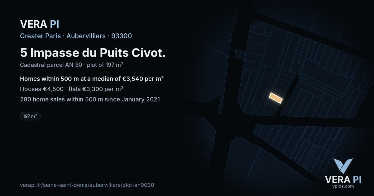 5 Impasse du Puits Civot, Aubervilliers at night – the plot lit, the parcels around coloured by the prices near them