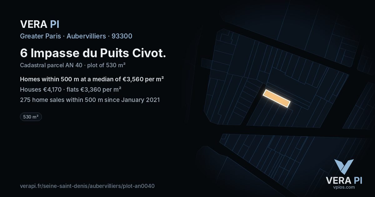 6 Impasse du Puits Civot, Aubervilliers at night – the plot lit, the parcels around coloured by the prices near them