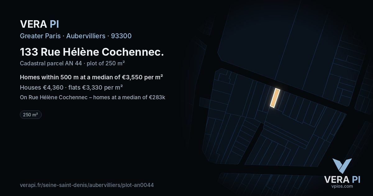 133 Rue Hélène Cochennec, Aubervilliers at night – the plot lit, the parcels around coloured by the prices near them