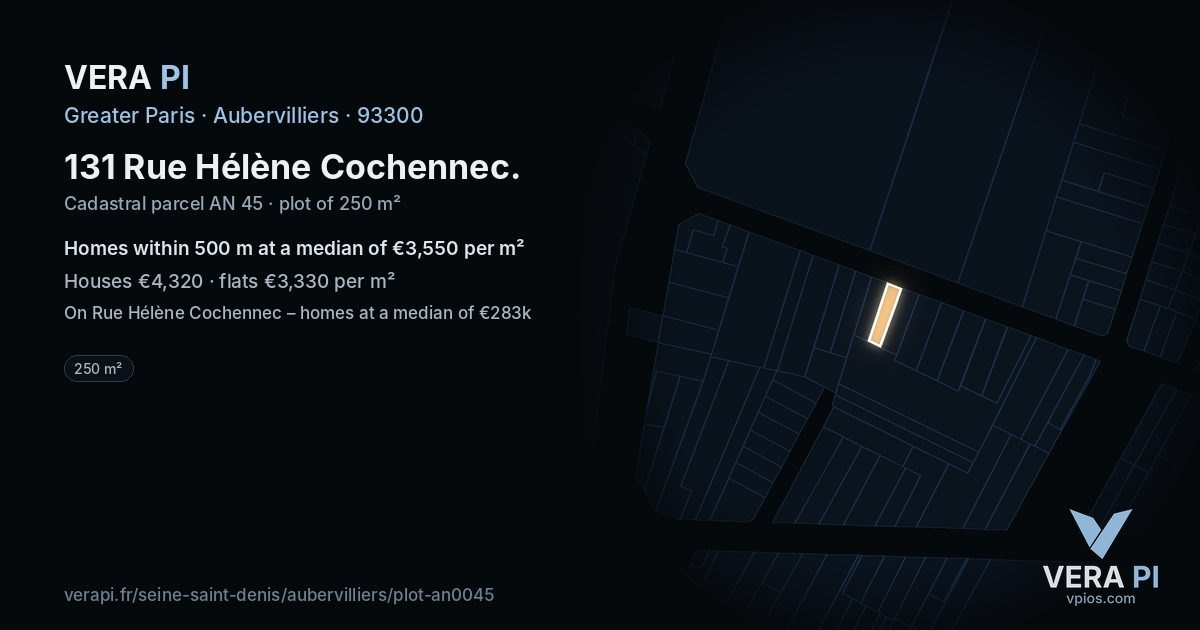 131 Rue Hélène Cochennec, Aubervilliers at night – the plot lit, the parcels around coloured by the prices near them