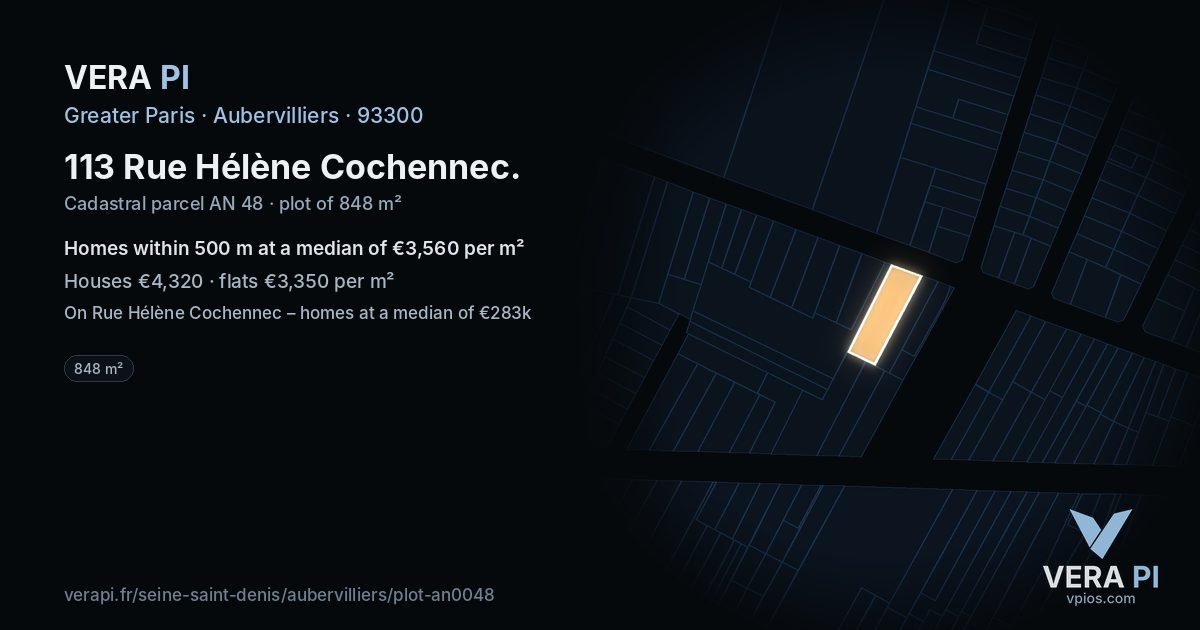 113 Rue Hélène Cochennec, Aubervilliers at night – the plot lit, the parcels around coloured by the prices near them