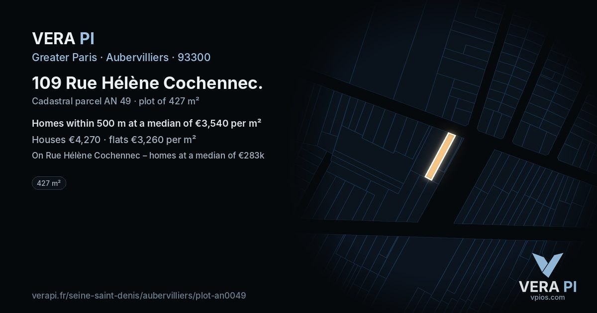 109 Rue Hélène Cochennec, Aubervilliers at night – the plot lit, the parcels around coloured by the prices near them