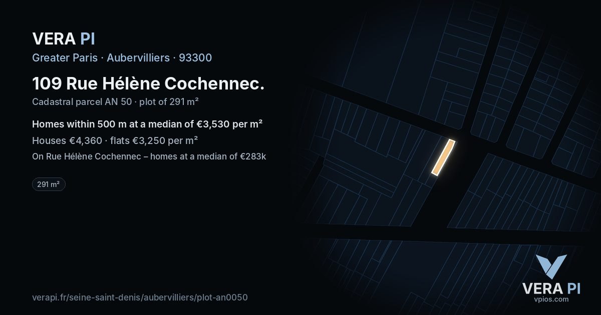 109 Rue Hélène Cochennec, Aubervilliers at night – the plot lit, the parcels around coloured by the prices near them