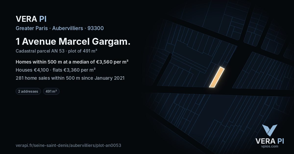 1 Avenue Marcel Gargam, Aubervilliers at night – the plot lit, the parcels around coloured by the prices near them