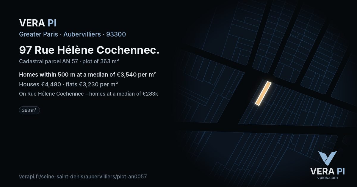 97 Rue Hélène Cochennec, Aubervilliers at night – the plot lit, the parcels around coloured by the prices near them