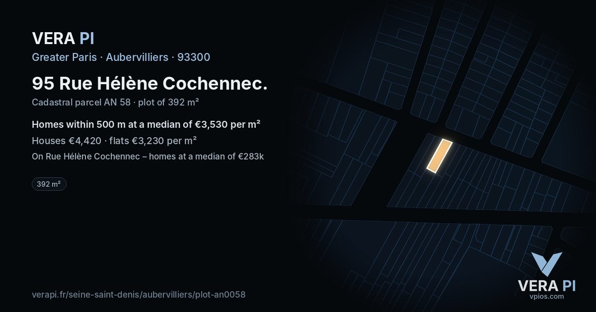 95 Rue Hélène Cochennec, Aubervilliers at night – the plot lit, the parcels around coloured by the prices near them