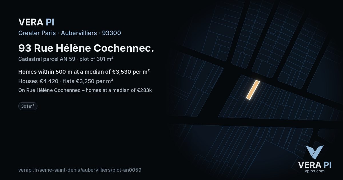 93 Rue Hélène Cochennec, Aubervilliers at night – the plot lit, the parcels around coloured by the prices near them