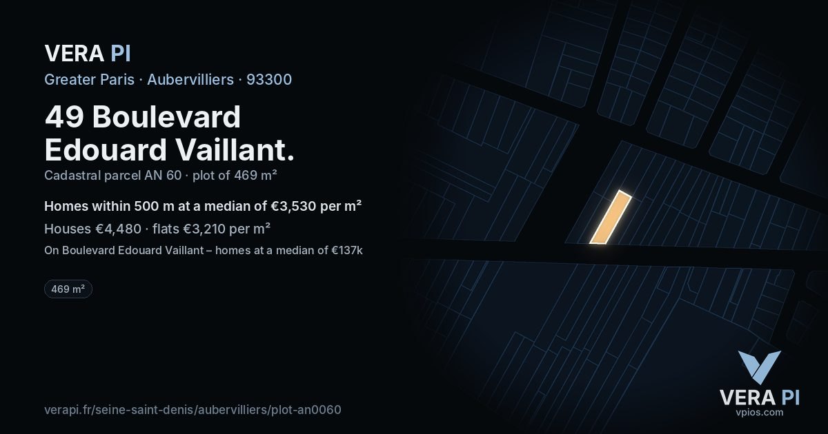 49 Boulevard Edouard Vaillant, Aubervilliers at night – the plot lit, the parcels around coloured by the prices near them