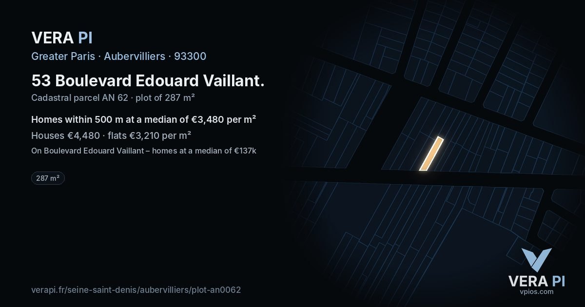 53 Boulevard Edouard Vaillant, Aubervilliers at night – the plot lit, the parcels around coloured by the prices near them