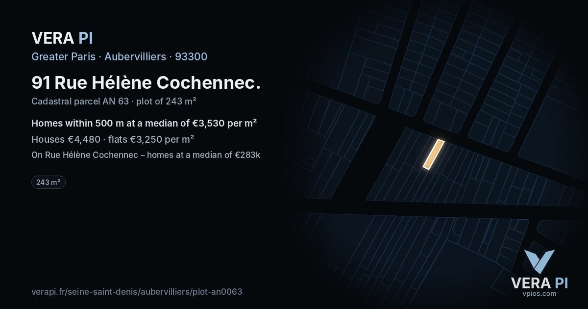 91 Rue Hélène Cochennec, Aubervilliers at night – the plot lit, the parcels around coloured by the prices near them