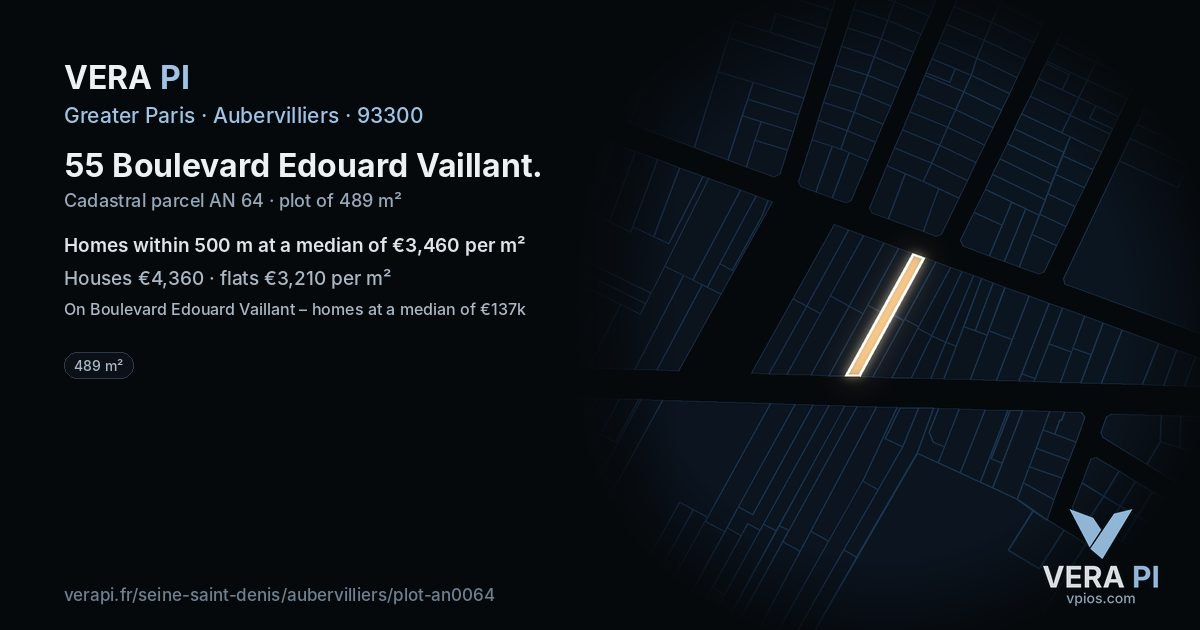 55 Boulevard Edouard Vaillant, Aubervilliers at night – the plot lit, the parcels around coloured by the prices near them