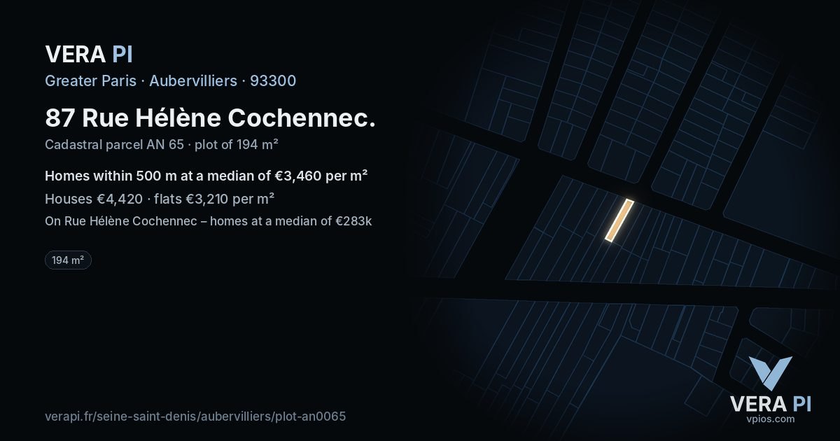 87 Rue Hélène Cochennec, Aubervilliers at night – the plot lit, the parcels around coloured by the prices near them