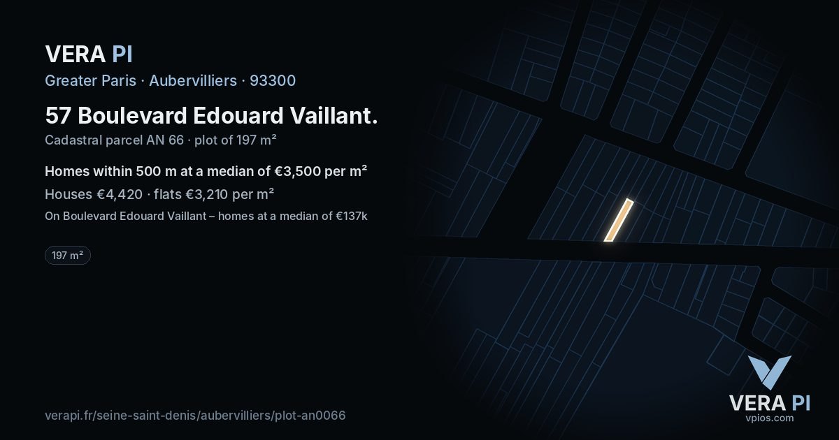 57 Boulevard Edouard Vaillant, Aubervilliers at night – the plot lit, the parcels around coloured by the prices near them